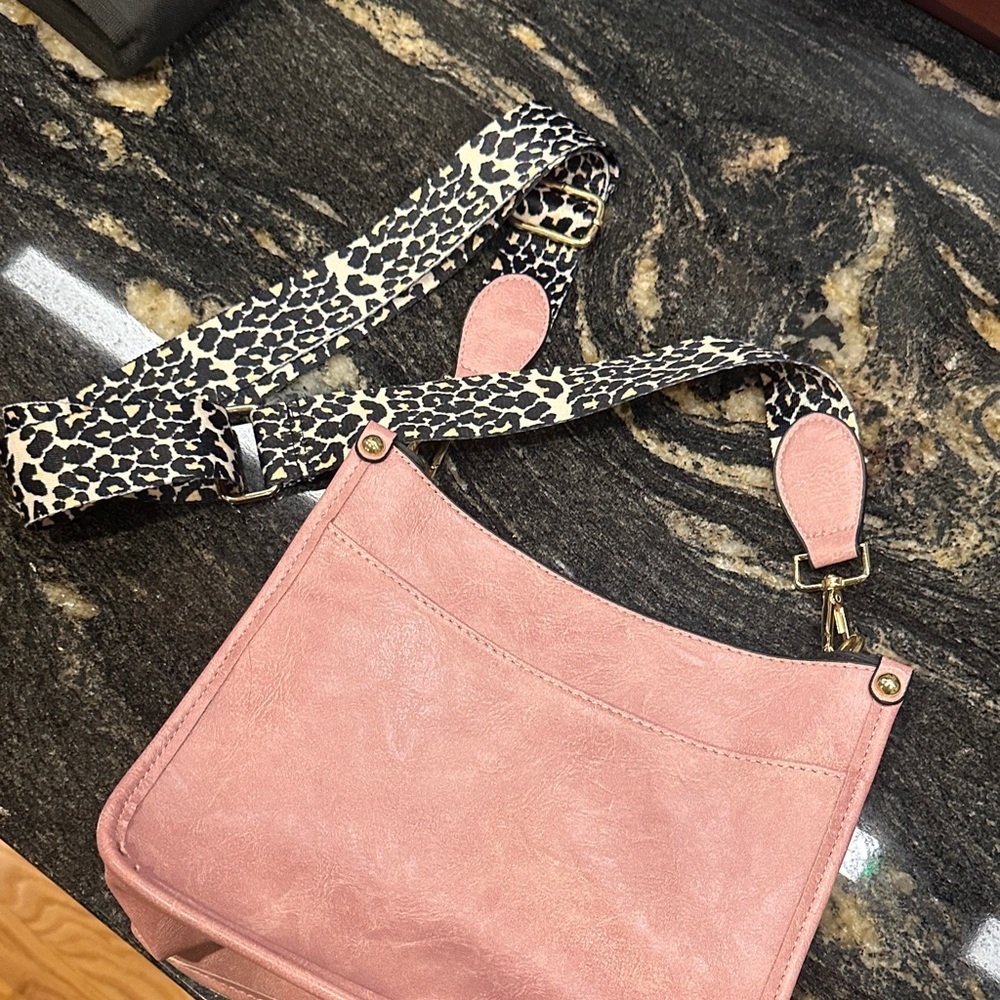 Pink Crossbody Bag with Animal Print Strap - Picture 4 of 5